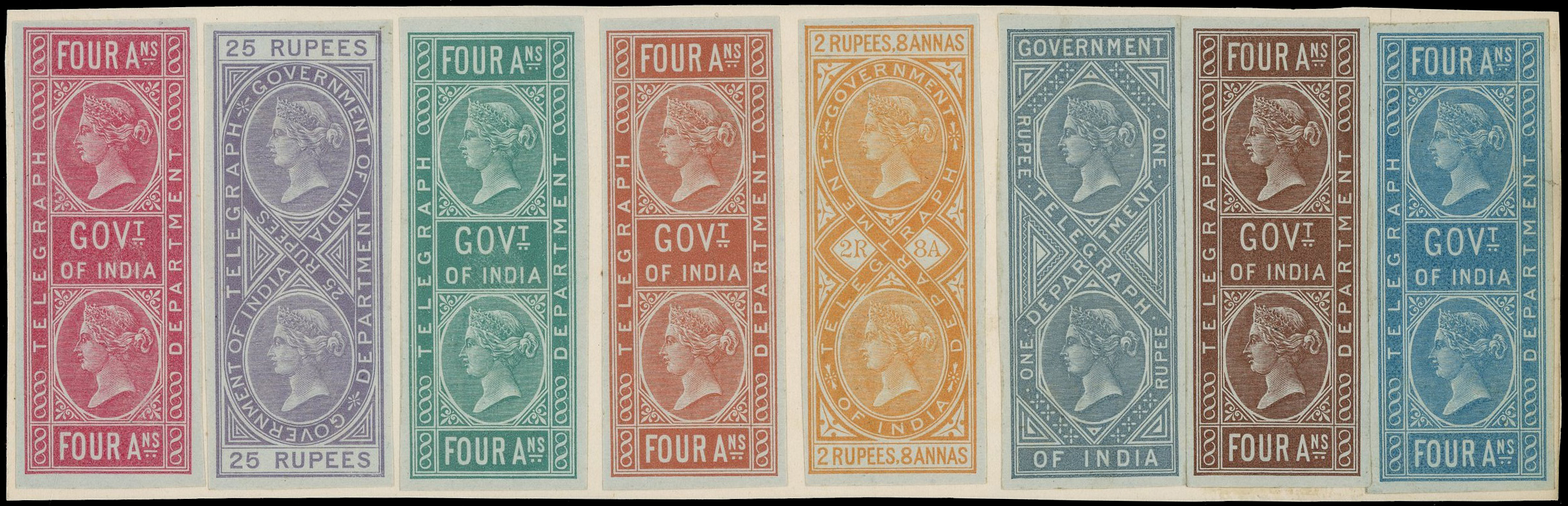 Telegraph. 1866 (late Nov) 4a x5, 1r, 2r8a, 25r, set of eight imperforate COLOUR TRIALS