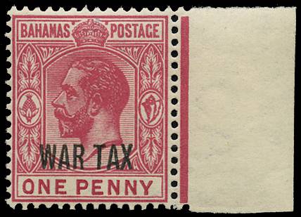 BAHAMAS SG 97a 1918 1d CARMINE WAR TAX WMK SIDEWAYS U/M