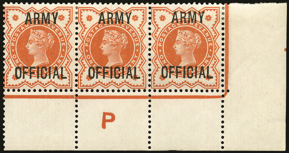 Great Britain 1896 ½d Vermilion (Army Official). Very fine unused o.g. bottom right hand corner marginal Control "…
