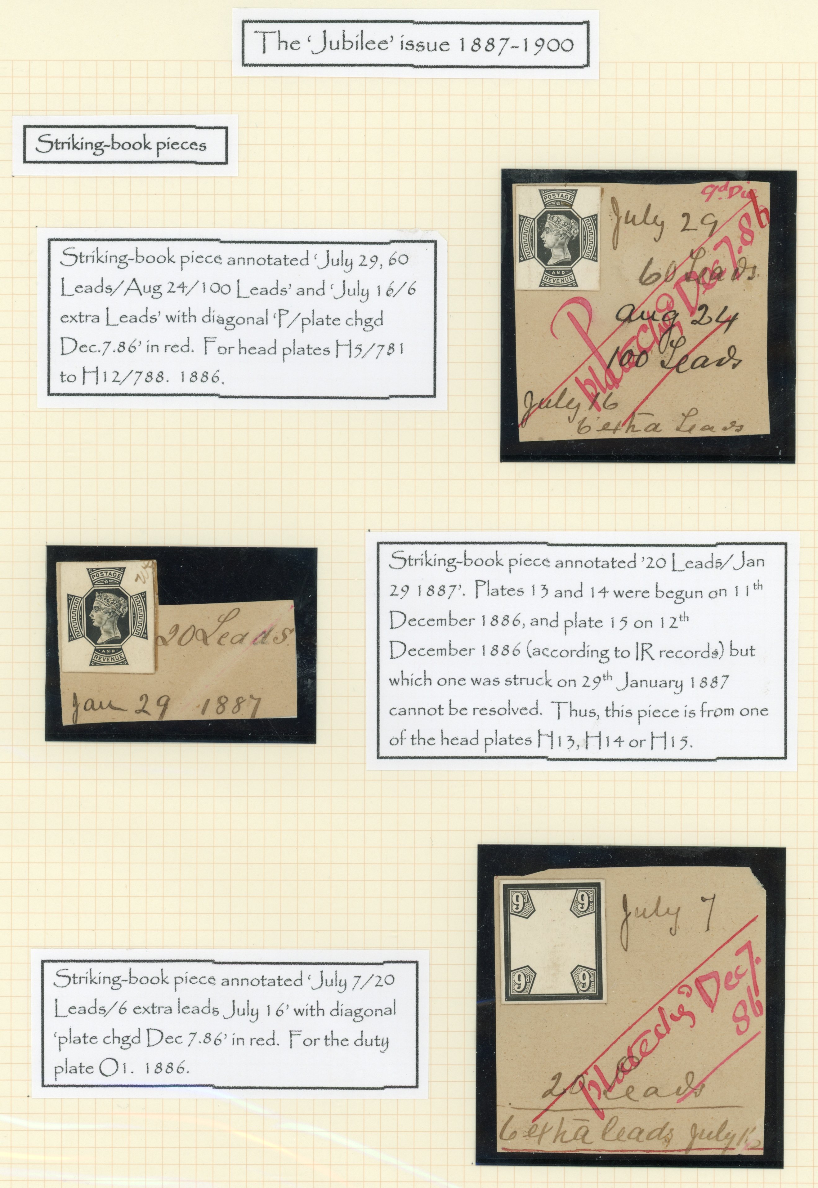 GB 1887-92 9d stamp-sized die proofs for the head Die and duty Die on DLR striking book pieces, For SG 209