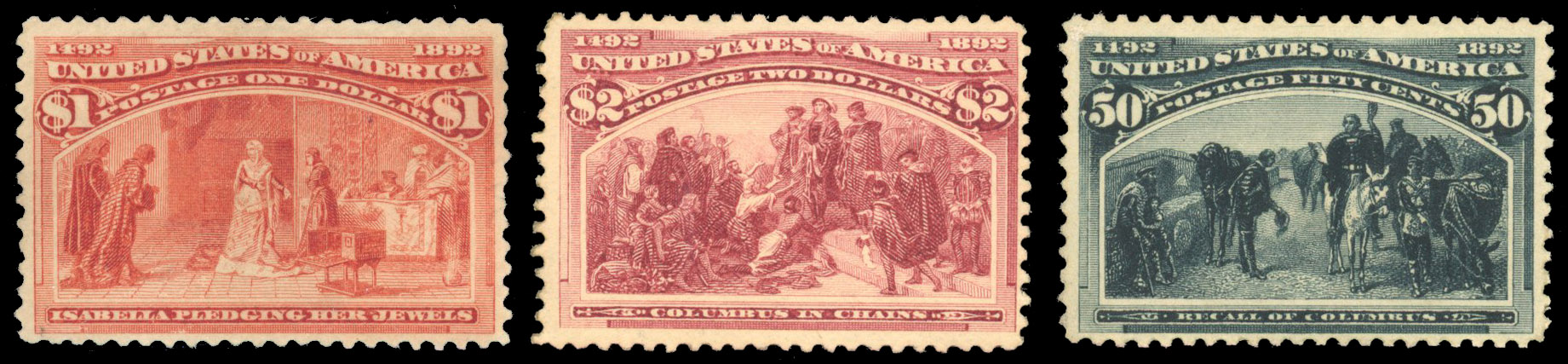 USA 1893 Columbian 50c and $2 regummed and $1 unused