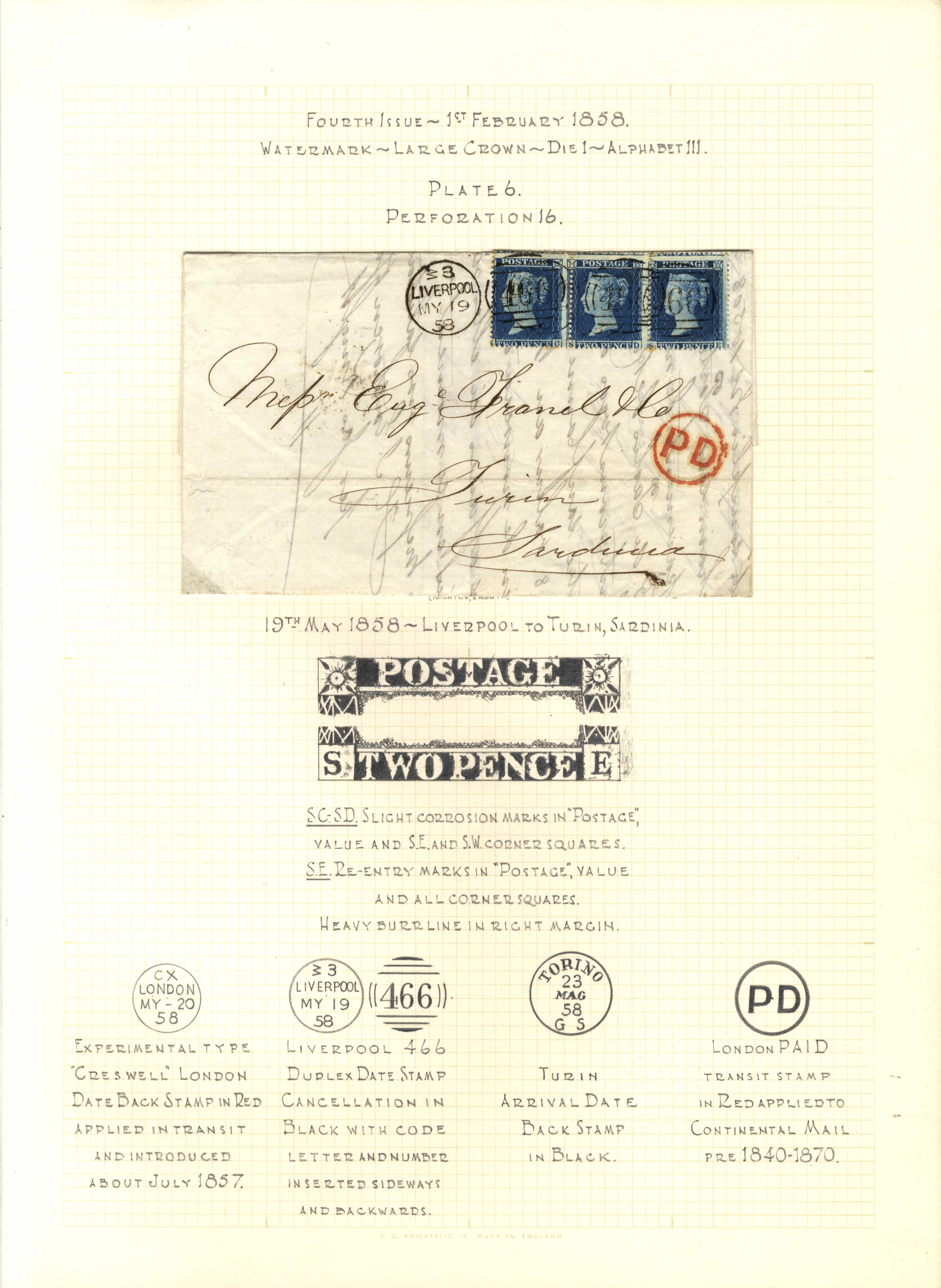 GB 1858 2d deep blue Plate 6 SE re-entry to Sardinia