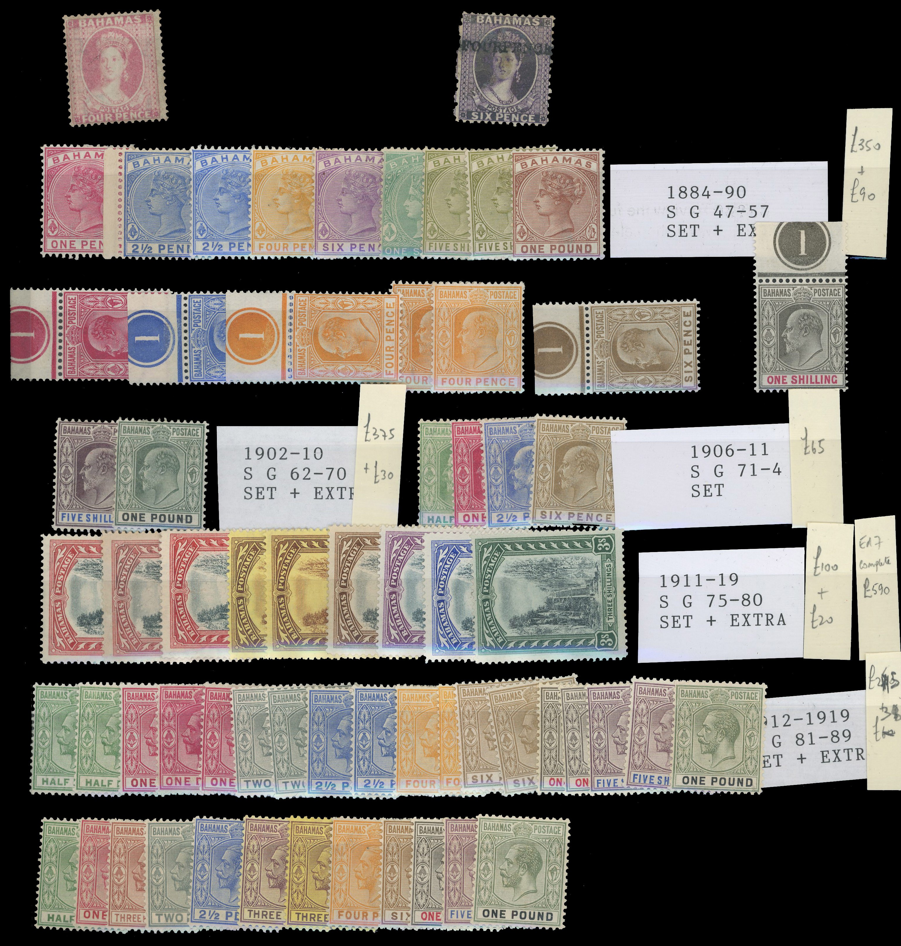 BAHAMAS: 1863 to 1926 mint range on stock card including 1863-77 4d dull rose, 1883 4d on 6d, 1884-90 to £1, 1902 to £1,