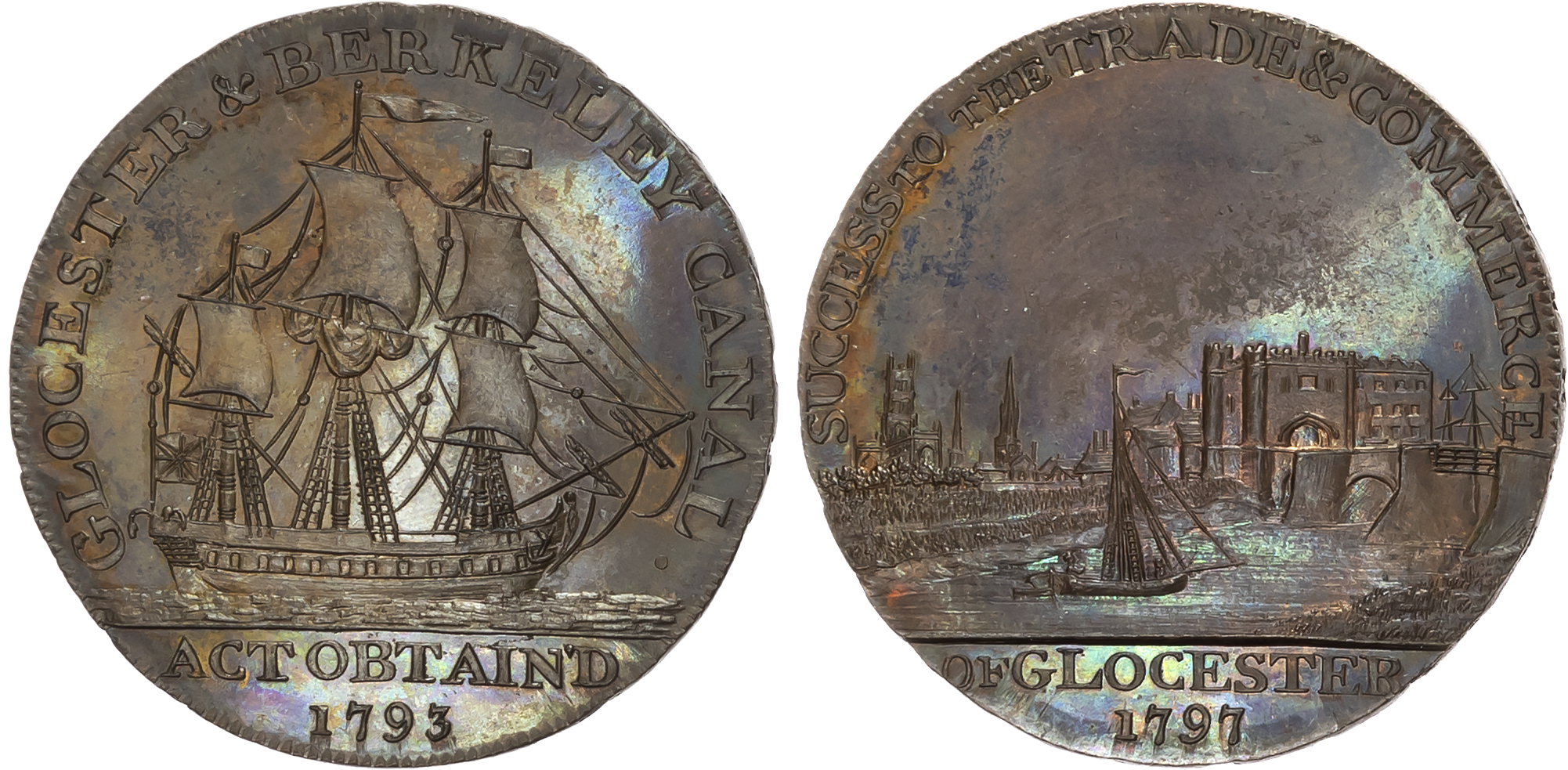 Glos . Gloucester, Gloucester & Berkeley Canal Co. Halfpenny 1793, View of south side of Gloucester from the canal, rev. …