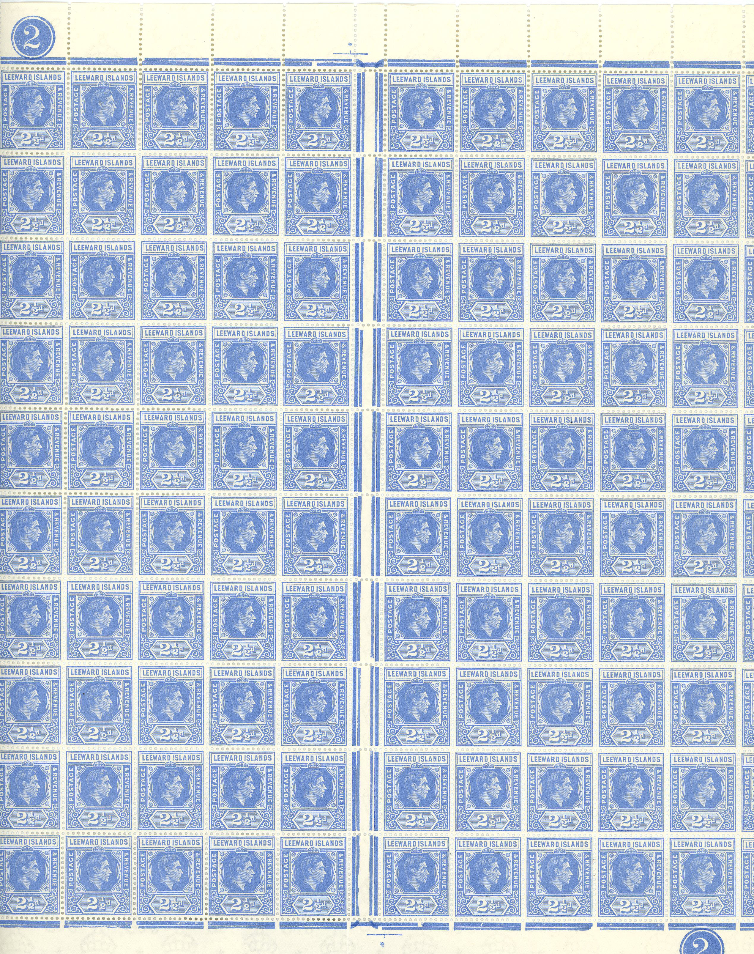 1944 printing of the 2½d light bright blue complete sheet of 120, unmounted o.g., one vertical fold.  R10/3 LP strengthened...