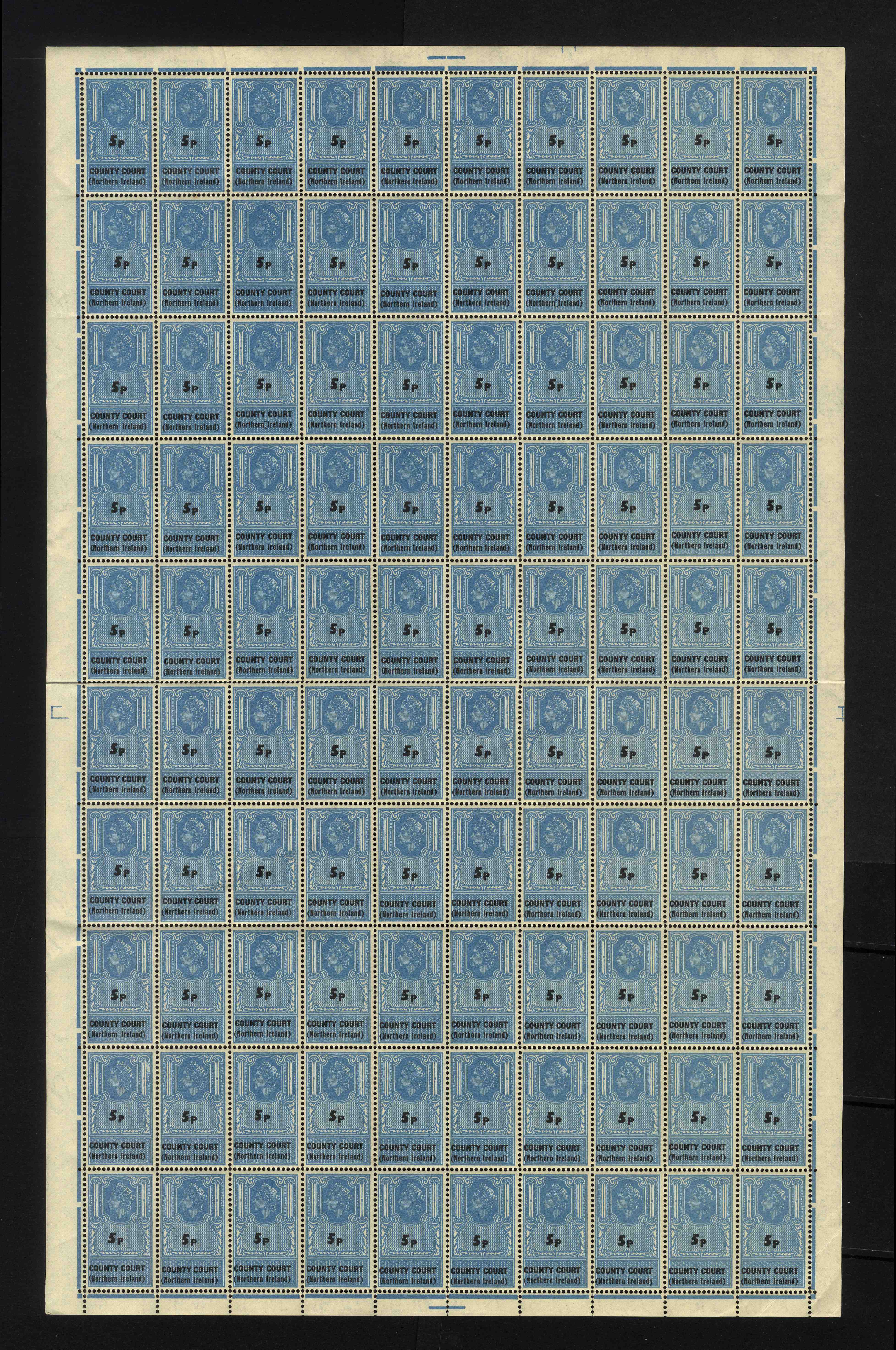 IOM COUNTY COURT (Northern Ireland): 1971, perf 14½x14, 5p blue, complete mint unmounted o.g. sheet of one hundred