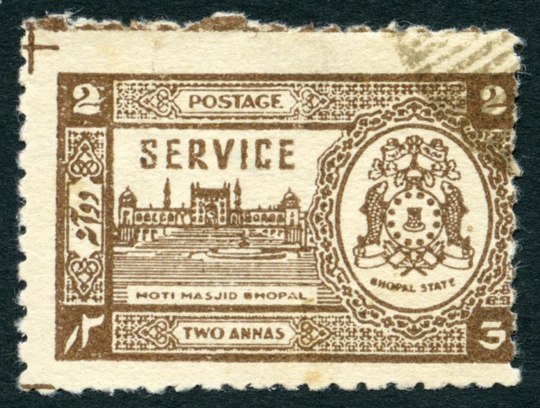 Bhopal. 1944-7 2a chocolate used single, originally imperforate but with faked perforations. Pink BPA Certificate (2012),...