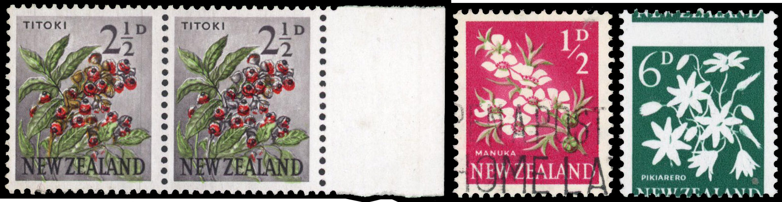 NZ 1960 ½d, 2½d and 6d colour whole or part omissions