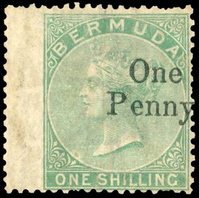 Bermuda SG 17 1875 1d on 1s with fortuitous missing stop unused