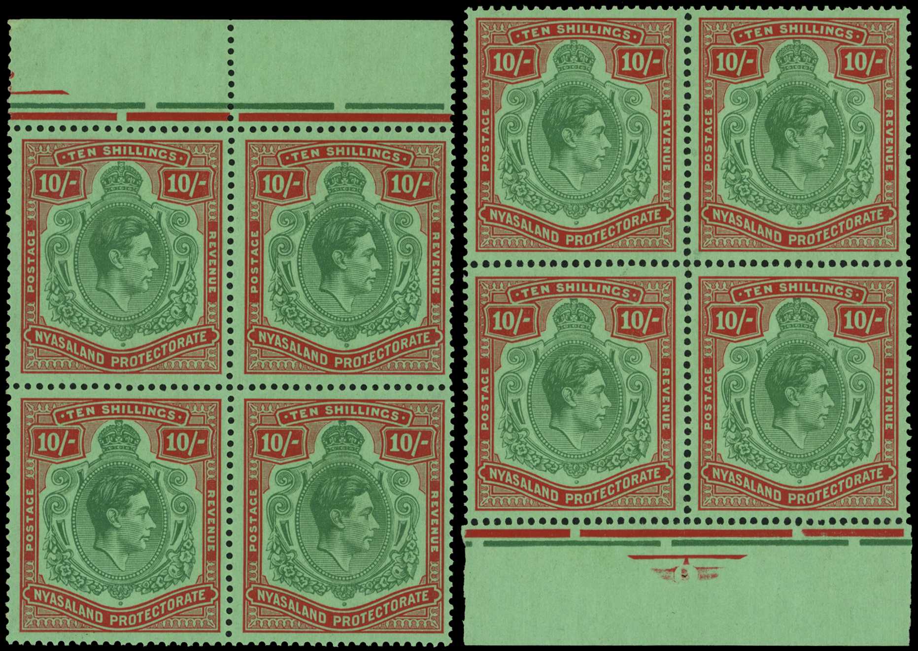 1938 10/- upper marginal block of four,...