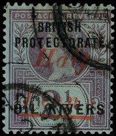 1893 ½d on 2½d handstamped Type 8 in vermilion, used with part of two Forcados River CDSs, a little heavy; hint of browning...