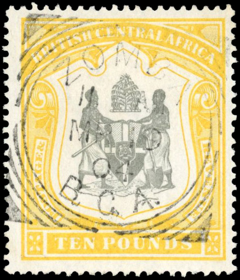 Nyasaland SG 52 1897 £10 black and yellow used