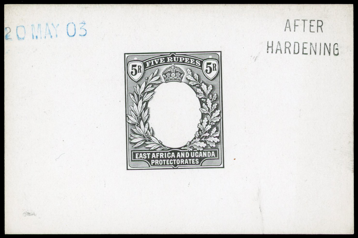 1903 5r De La Rue die proof in black on glazed card dated “24 MAY 03" in blue and endorsed “BEFORE HARDENING”