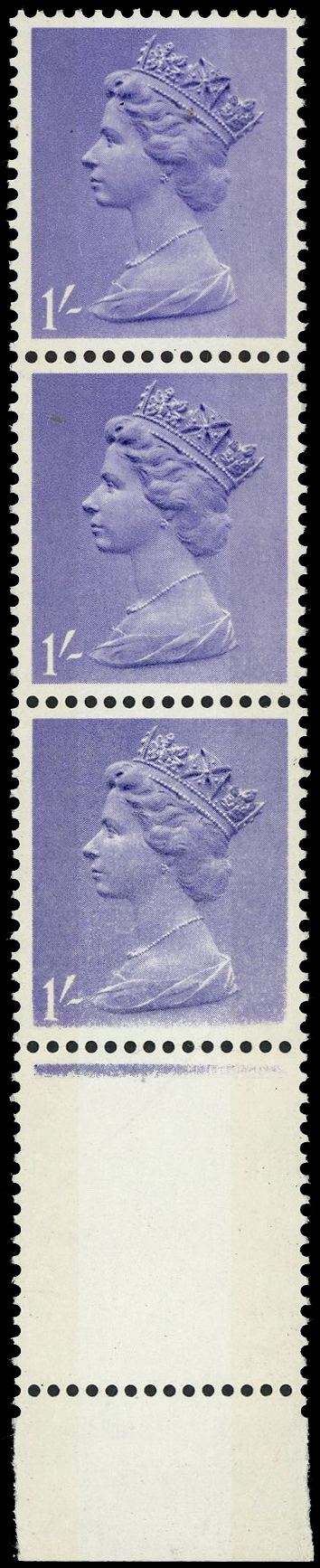 GB: 1967 1s light bluish violet bottom marginal, vertical strip of 4 the lower stamps with dry print 