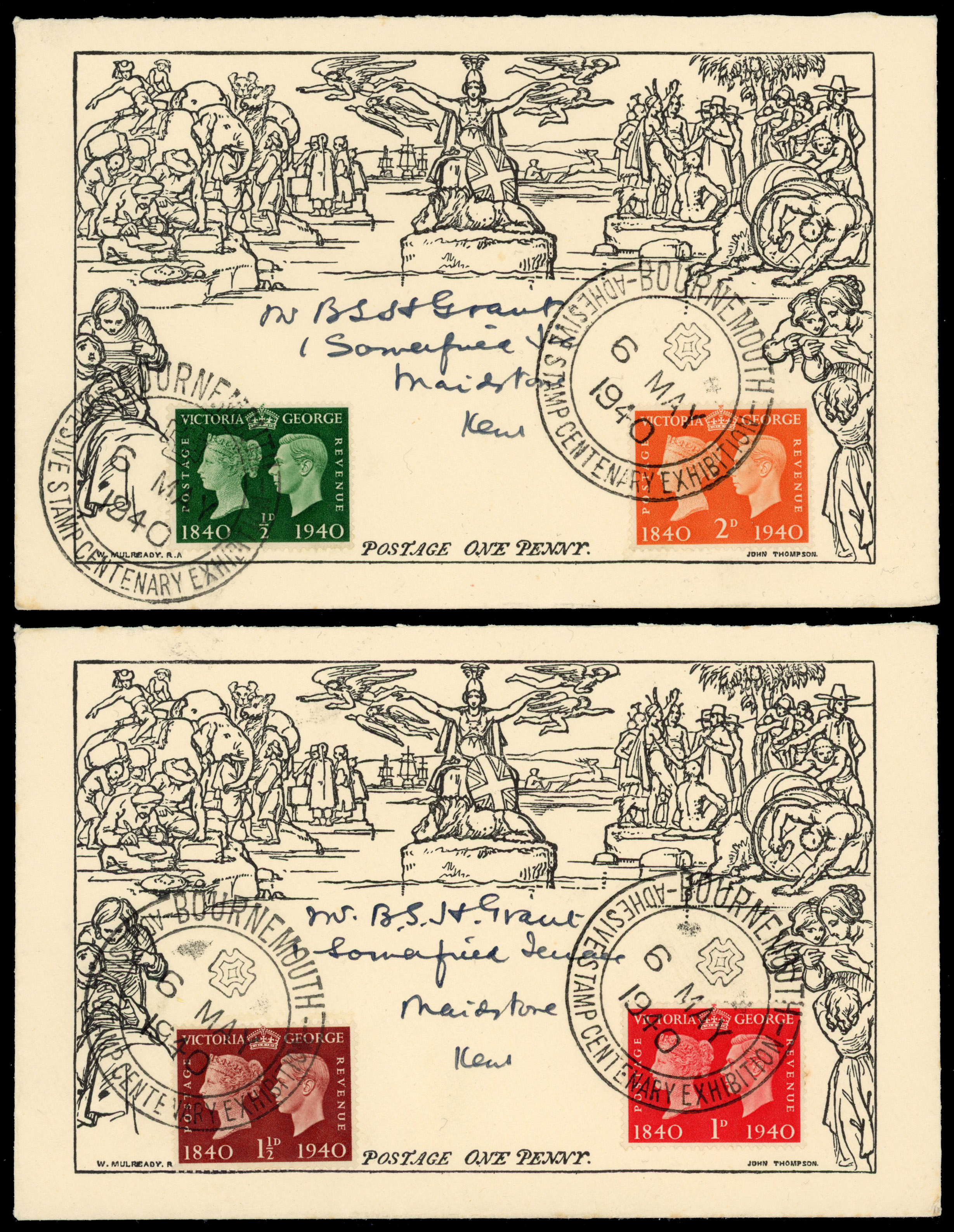 1940 Centenary of the First Adhesive Postage Stamp. Set of four imitation mulready