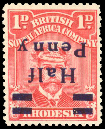 Rhodesia SG 280a 1917 ½d on 1d rose-carmine error Surcharge Inverted mint