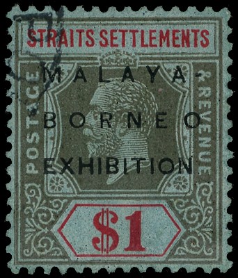 1922 Malaya-Borneo $1 watermark Script, no stop, corner Singapore CDS. SG...