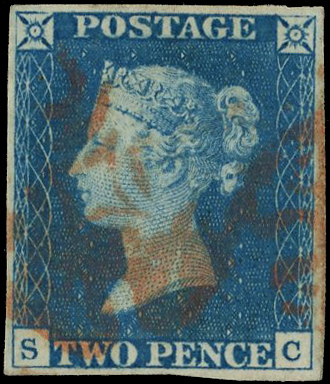 1840 2d pale blue Plate 2 (SC) with 4 margins and part of 2 strikes of red MC 