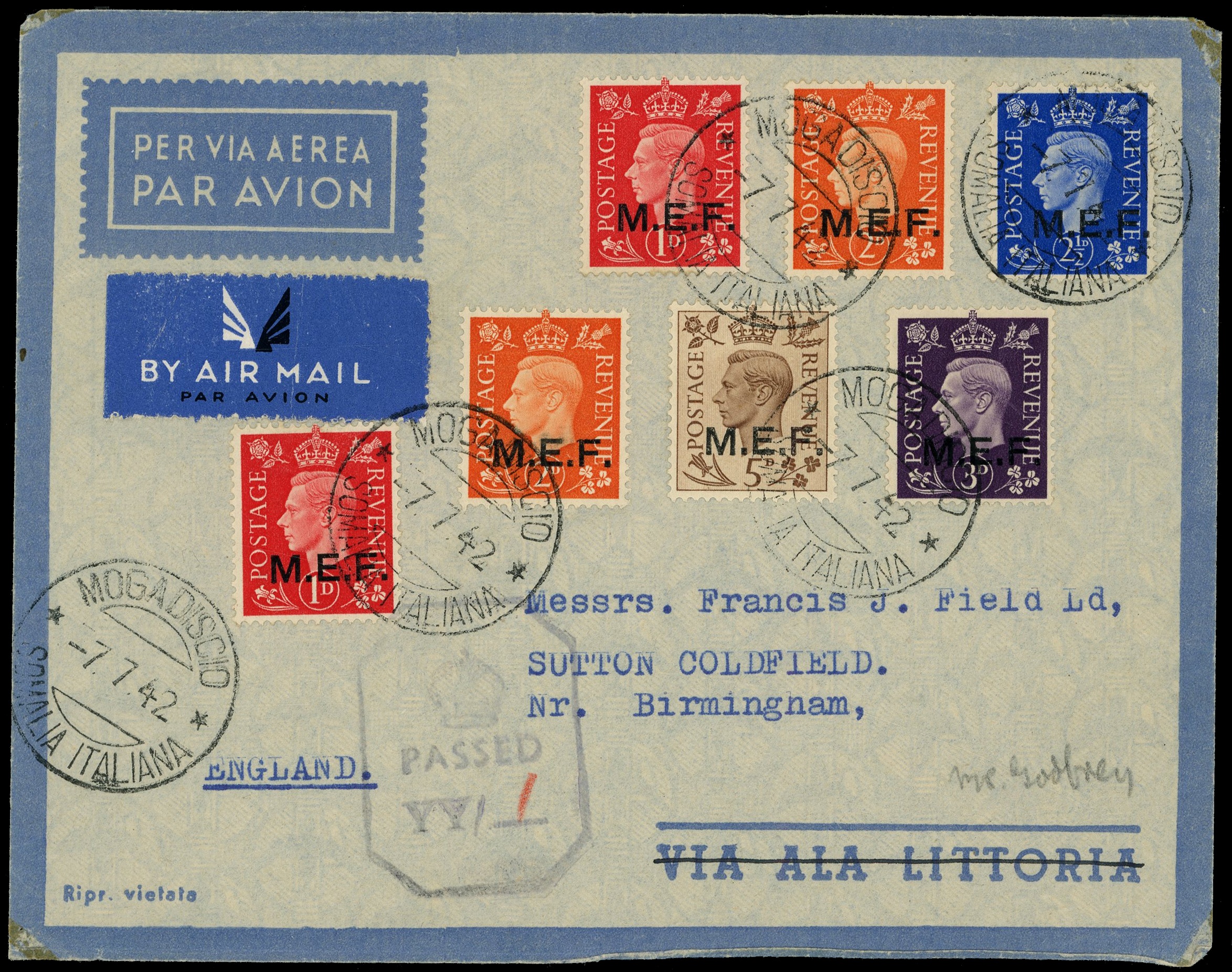 B.O.I.C. - M.E.F. 1942 airmail cover to UK with 1d (2), 2d (2), 2½d, 3d and 5d tied “MOGADISCIO/ SOMALIA ITALIANA 7.7.42” cds