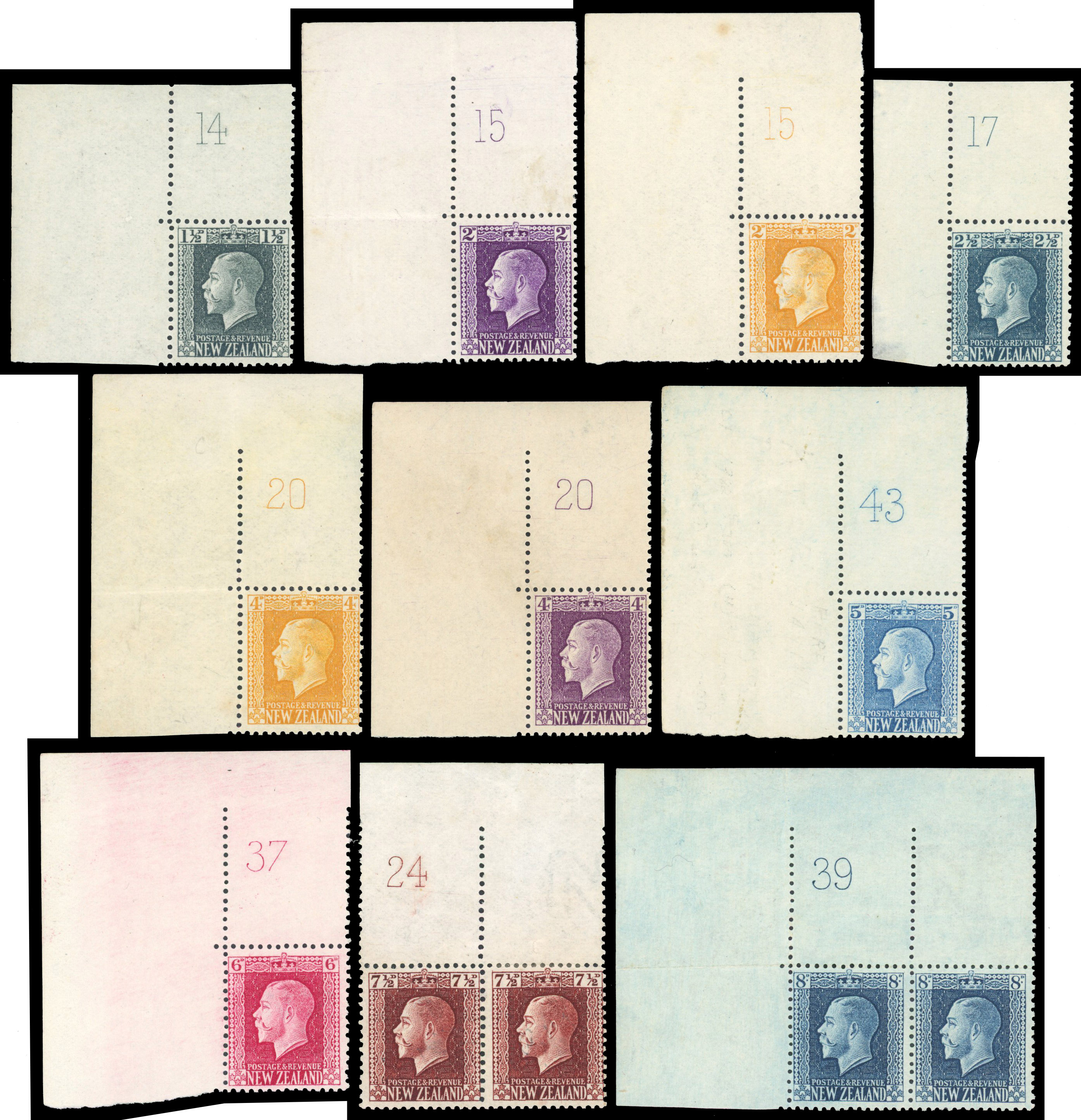 New Zealand SG 416/30c btwn 1915-30 1½d to 1s group of plate numbers mint