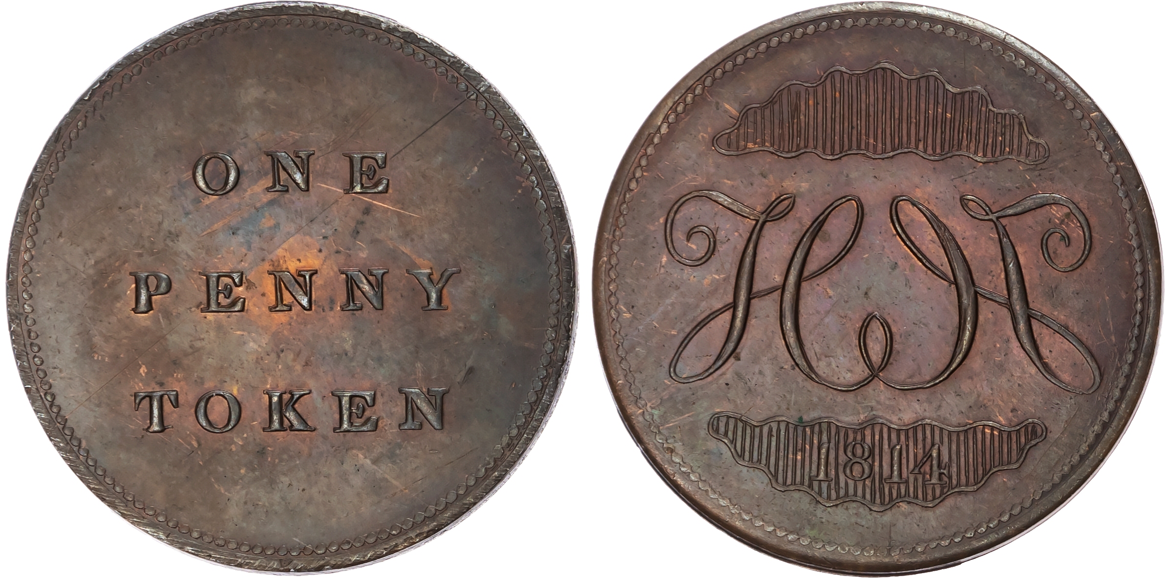 General Circulation, Anonymous Penny (on a halfpenny flan) 1814, HH cypher, ornament above and below, rev . ON…