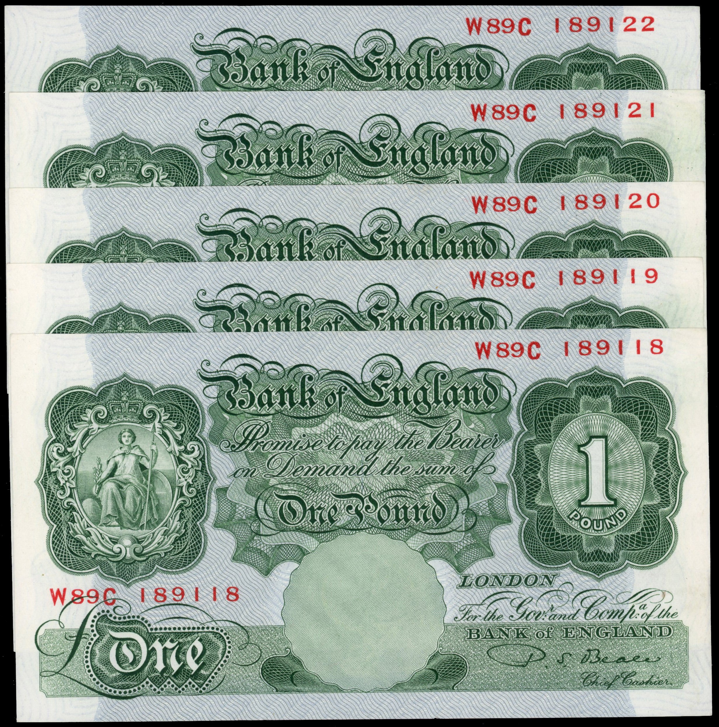 Bank of England, P S Beale, One Pound, Mar. 1950, W89C 189118, 189119, 189120, 189121, 189122, consecutive num…