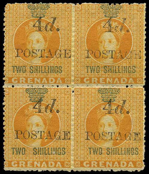 GRENADA SG 42a 1888-91 4d ON 2s ORANGE TYPE 16 SURCH B4 VAR WIDE SPACE O.G.