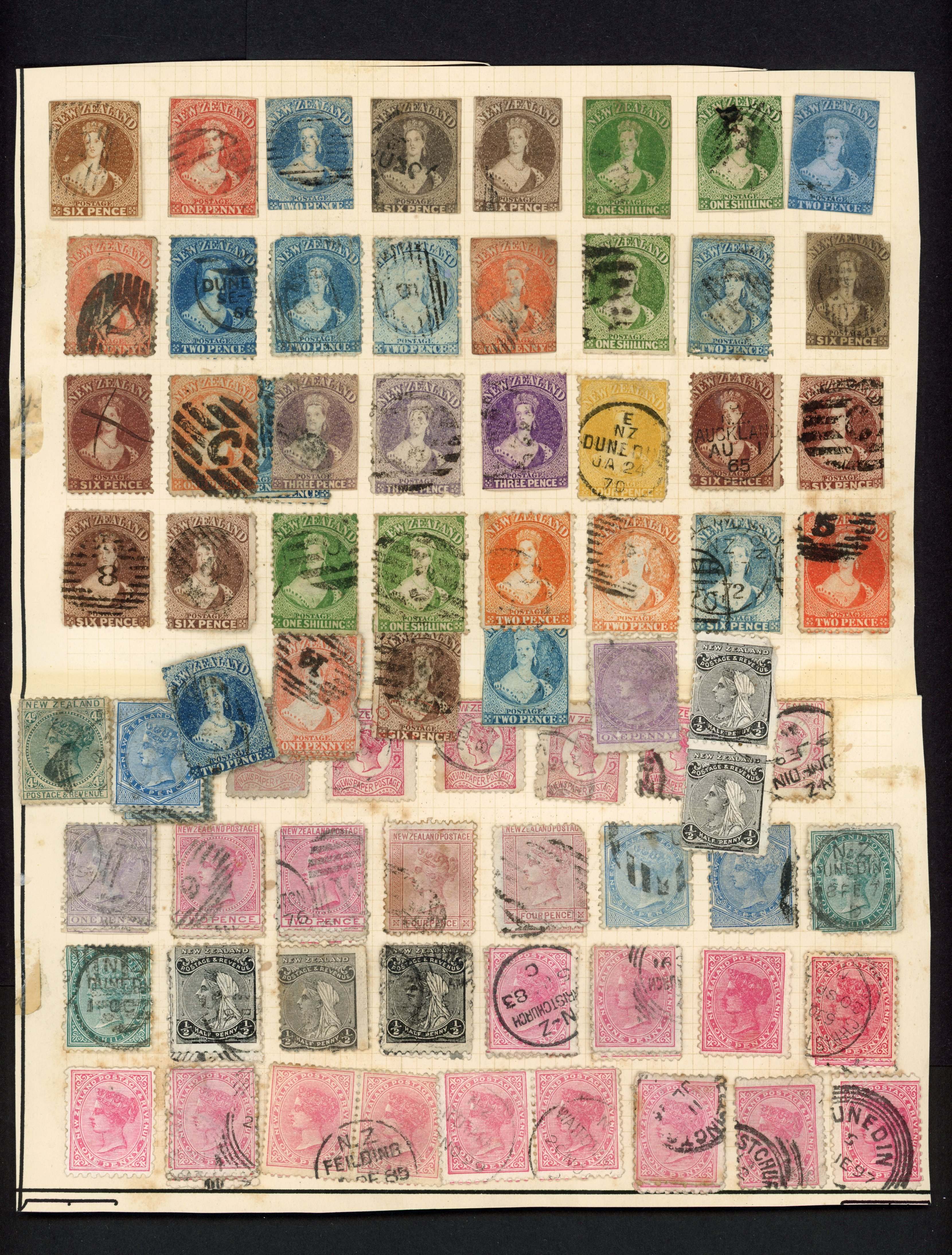 New Zealand 1857-1900 used selection on an album page comprising Chalon heads and Sidefaces
