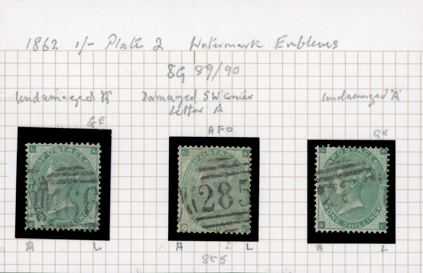 1862 1s Green Pl.1=2 (SG90, Wmk. Emblems). Used trio lettered AL damaged corner letter