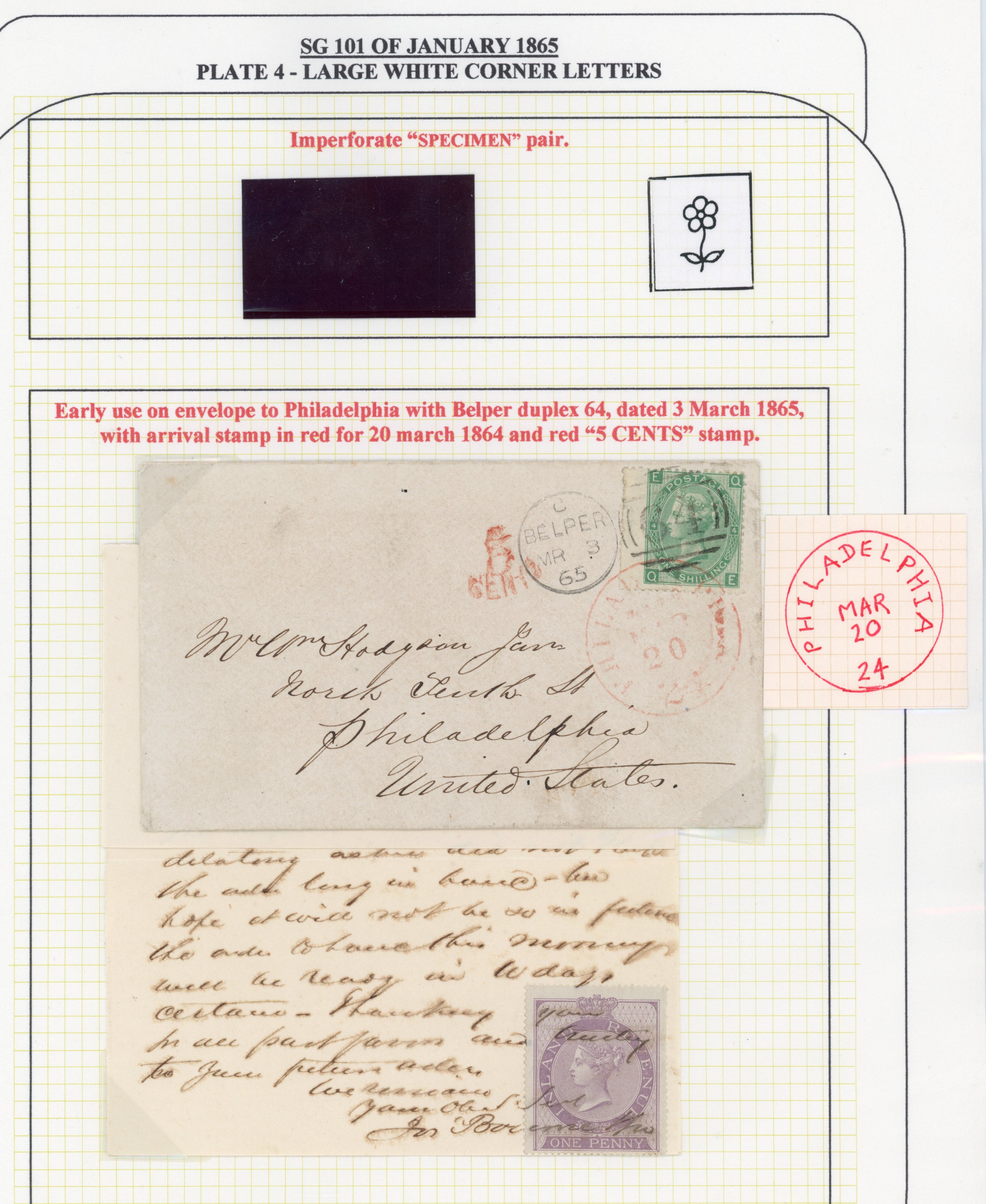 GB: POSTAL HISTORY: 1865 cover (with contents) to USA franked with 1s green, plate 4