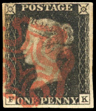 GB: 1840 1d black, Plate 5, (FK), four margins, neat red MC SG 2