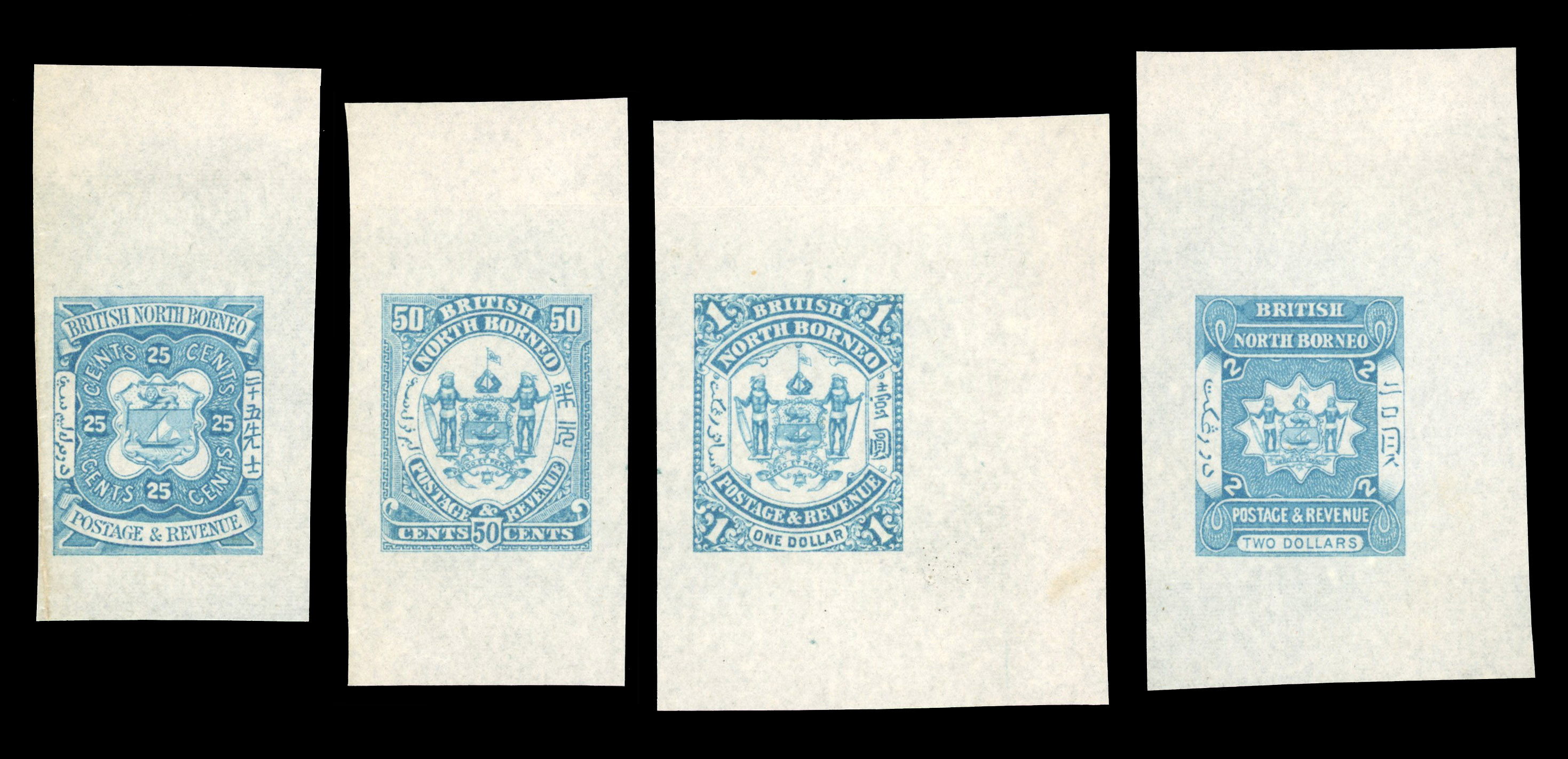 North Borneo 1888-92 25c to $2 die proofs  in pale blue SG 45var/48var