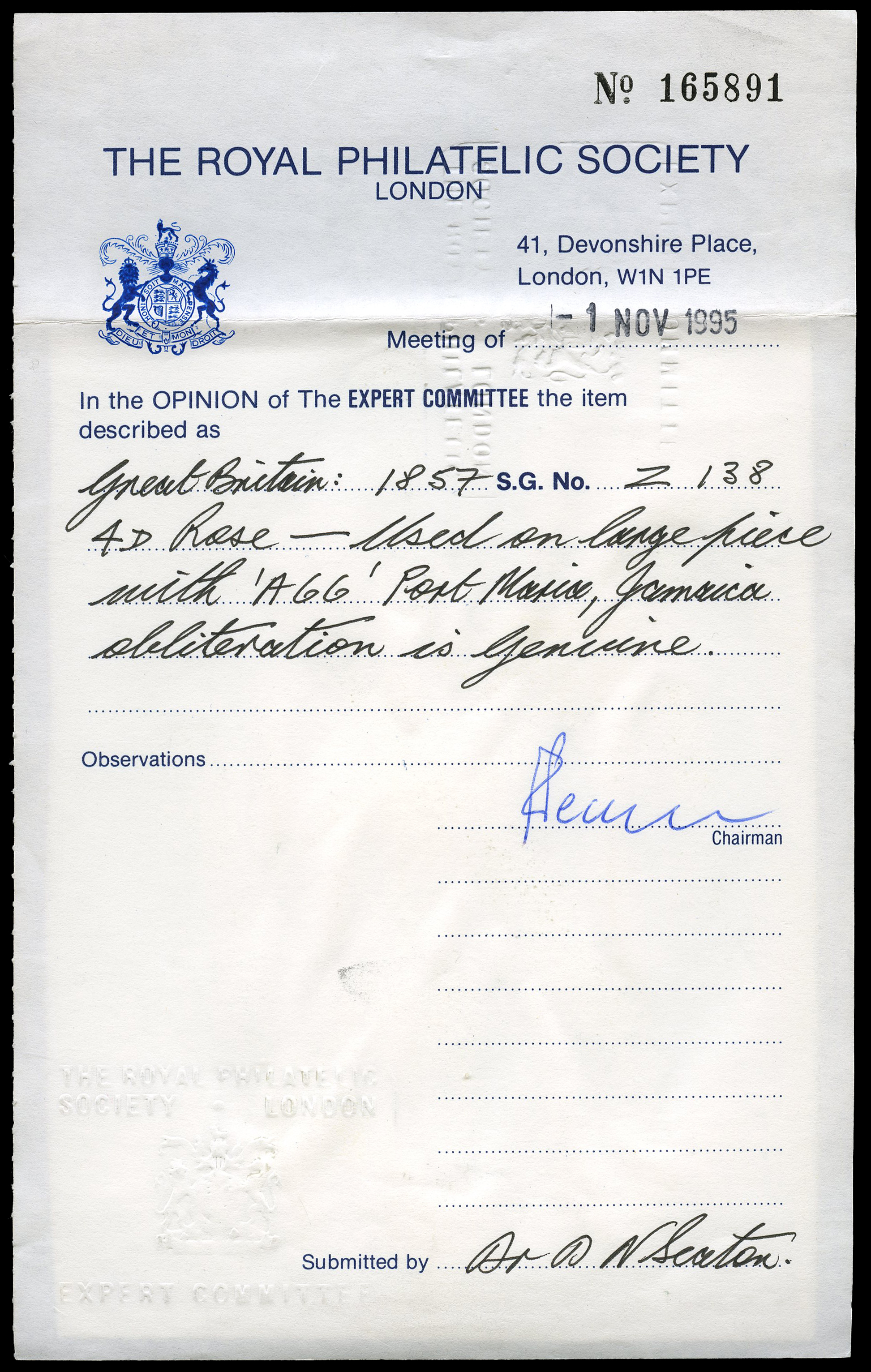 GB USED ABROAD: 1859 Port Maria “A66” on 4d...