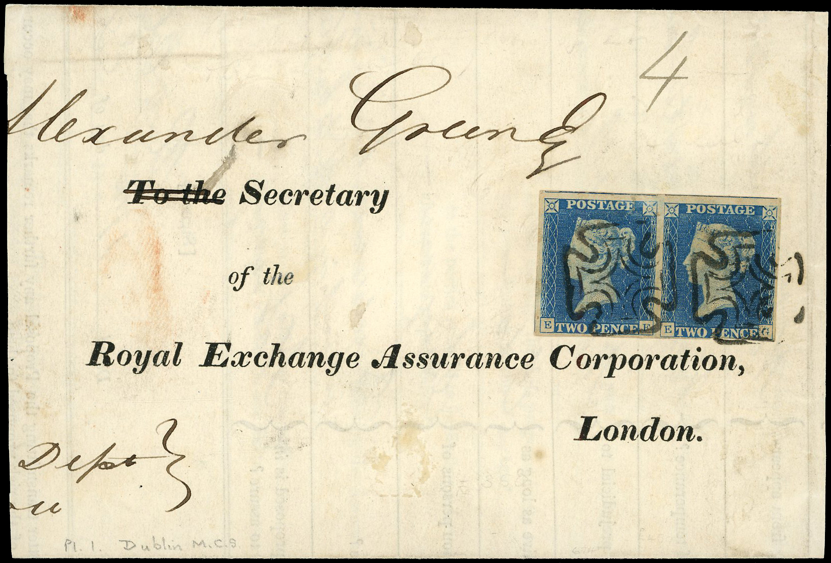 1840 2d Blue. Partial pre-printed entire Pair cancelled by Dublin MC's