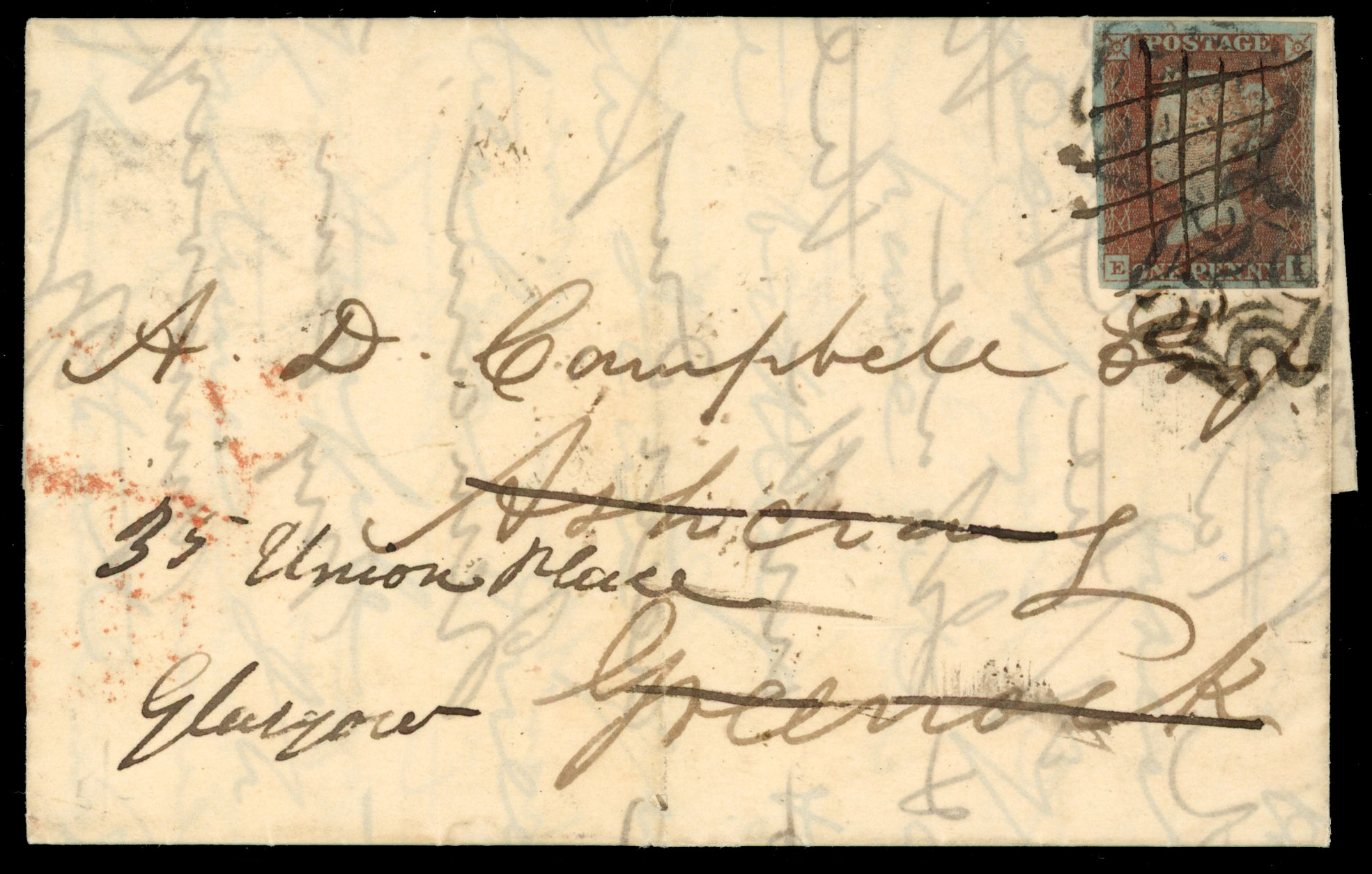 GB 1841 1d red-brown, Plate 12 (EK), on entire