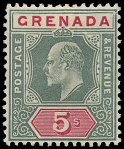 GRENADA SG 75(a) 1904-06 5s GREEN AND CARMINE VAR DAMAGED FRAME AND CROWN O.G.