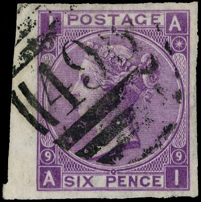 1870 6d Mauve Pl.9. Very fine used left hand wing margin imperforate example lettered AI, neatly cancelled by a Manchest…