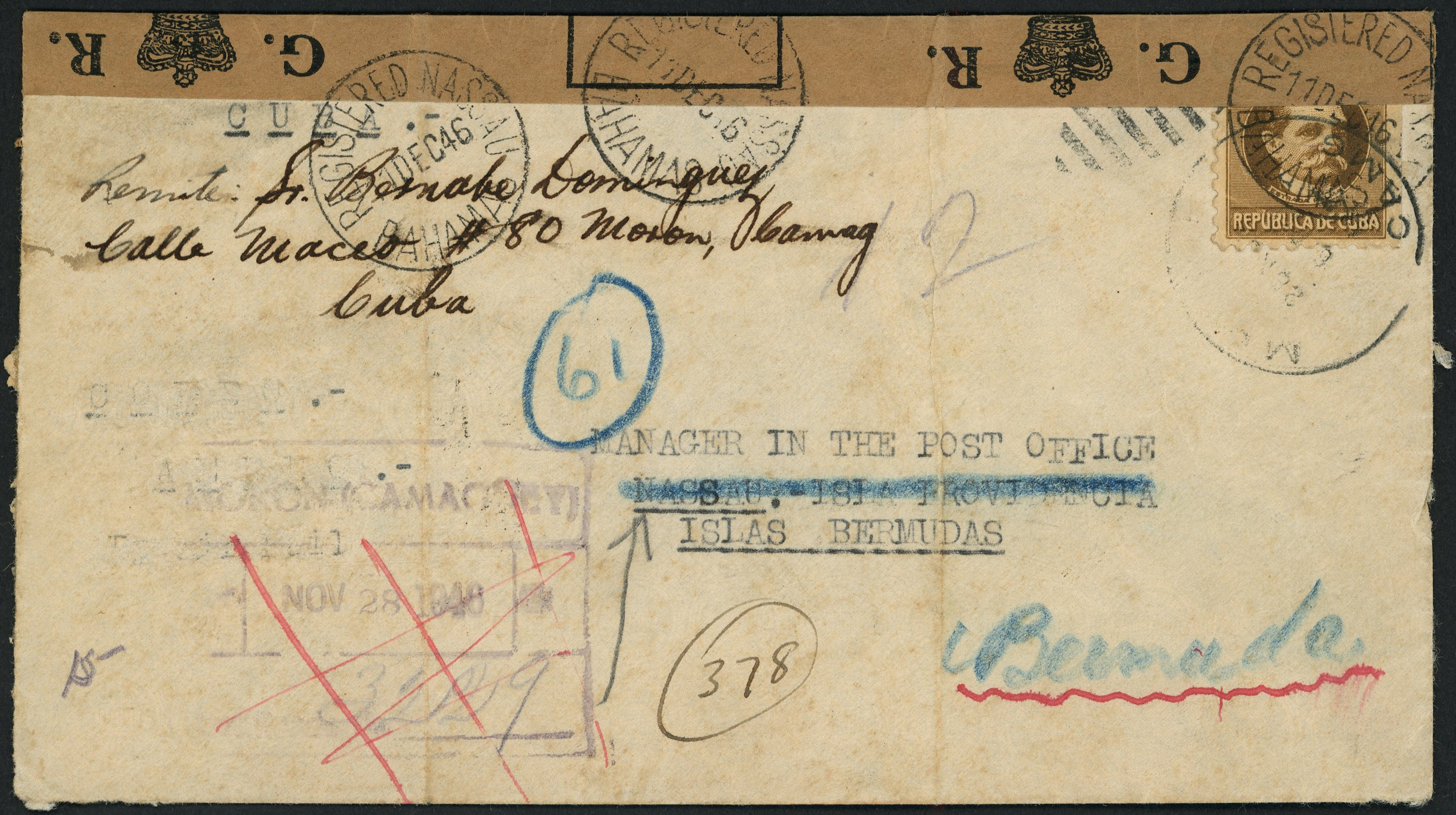 POSTAL HISTORY: 1946 registered cover from Cuba addressed to Bermuda, resealed in the Bahamas with official brown paper tape