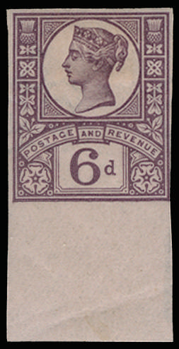Great Britain 1887 6d "Jubilee" Colour Trial. Very fine bottom marginal imperforate colour trial printed in purple…