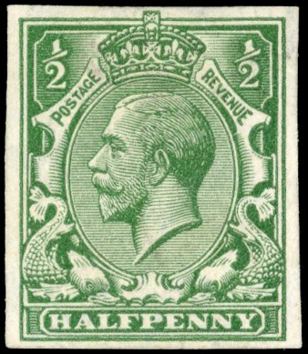 GB 1913 ½d blue-green imperforate ink fastness trial