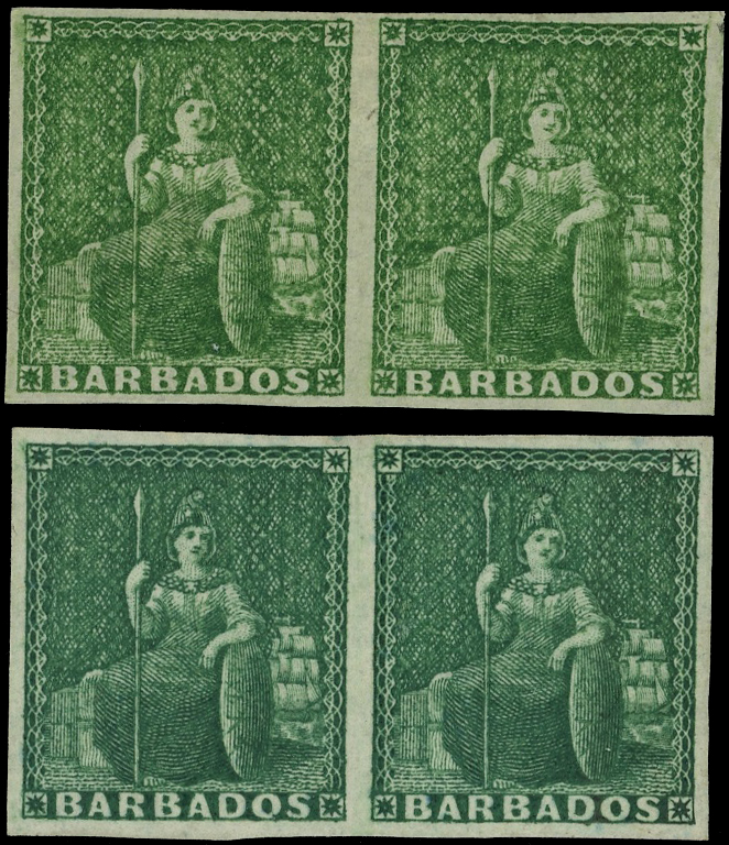BARBADOS: 1855-58 white paper (½d) yellow- green, horizontal pair, good to large margins, 