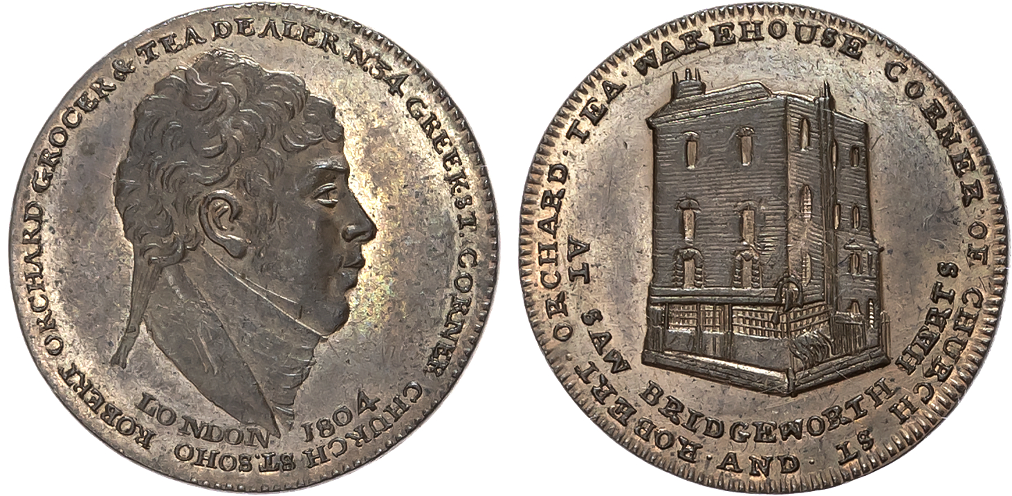 London, Soho , Robert Orchard Farthing 1804, Head of Orchard right, rev. View of the Islington Church Street warehouse,  …