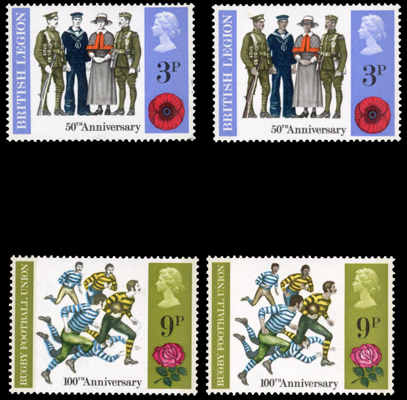 1971 3p Anniversaries, olive-brown (faces, etc.) omitted, and 9p olive-brown (players' faces) omitted