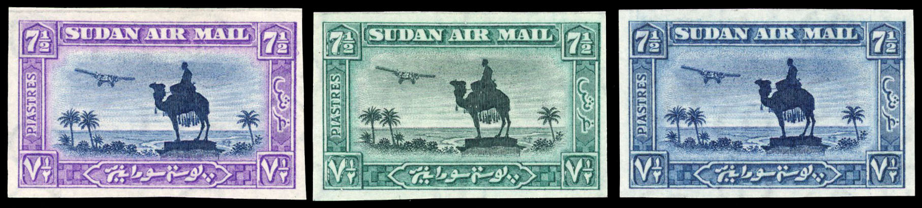 1935 7½p Statue of General Gordon airmails, three colour trials, imperforate on SG watermarked paper, fine and most