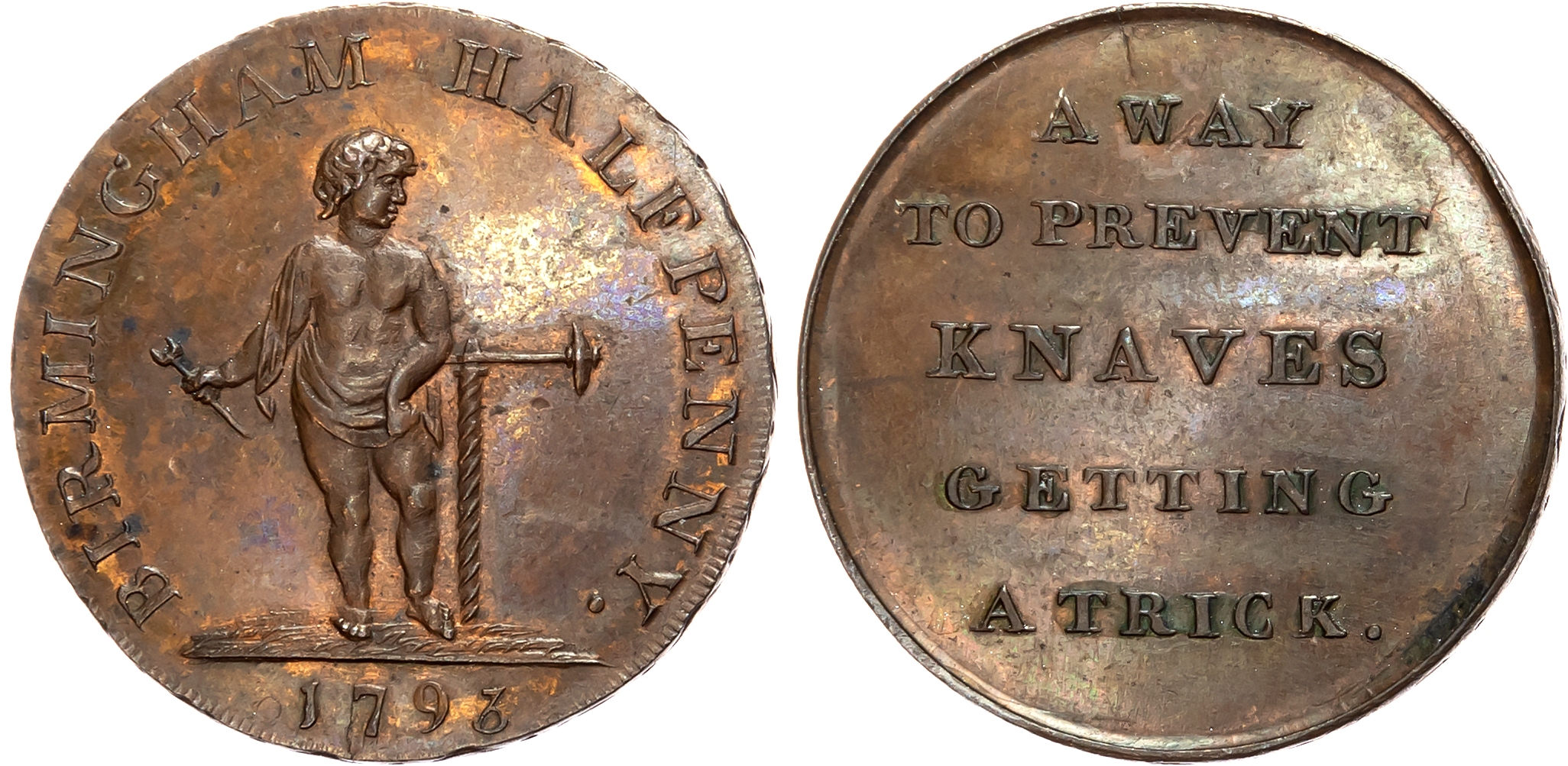 Warks. Birmingham , Kempson’s mule Halfpence 1793, boy with auger, rev. 5-line legend, edge engrailed, 29.5mm/10.81gm. ( …