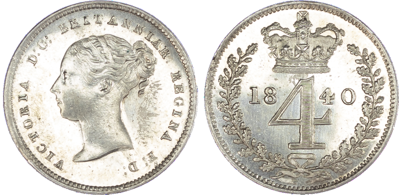 Victoria (1837-1901), Maundy set, 1840, Four, Two and One Pence, young head left, legend and toothed border surrounding,