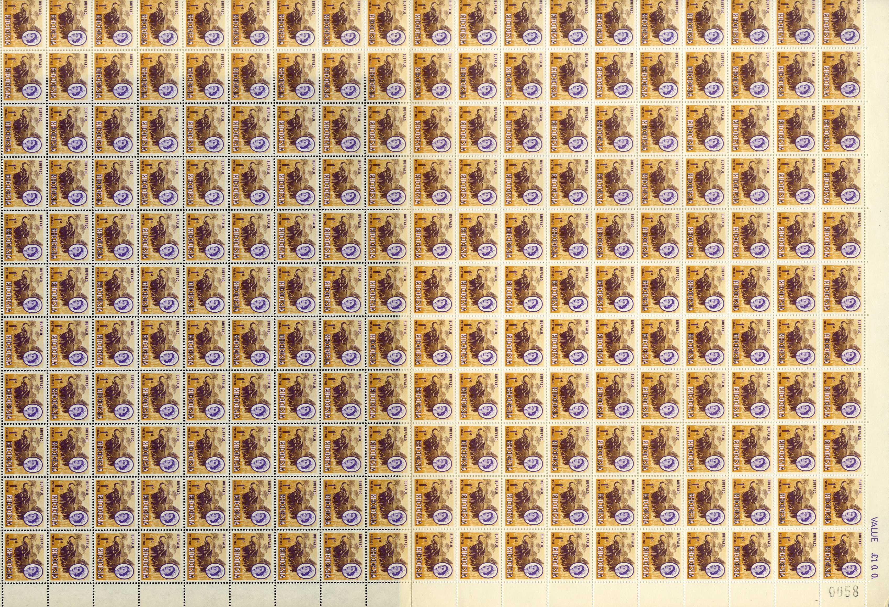 Rhodesia 1966 Mardon trial printing 1d dri gum complete sheet SG...