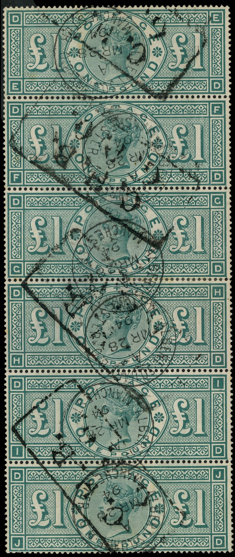 Great Britain 1891 £1 used vertical strip of six SG 212