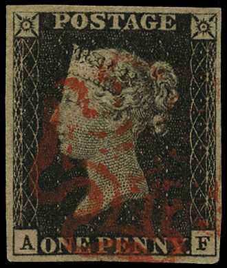 1840 1d black, plate 1A (AF) 4 margins,...