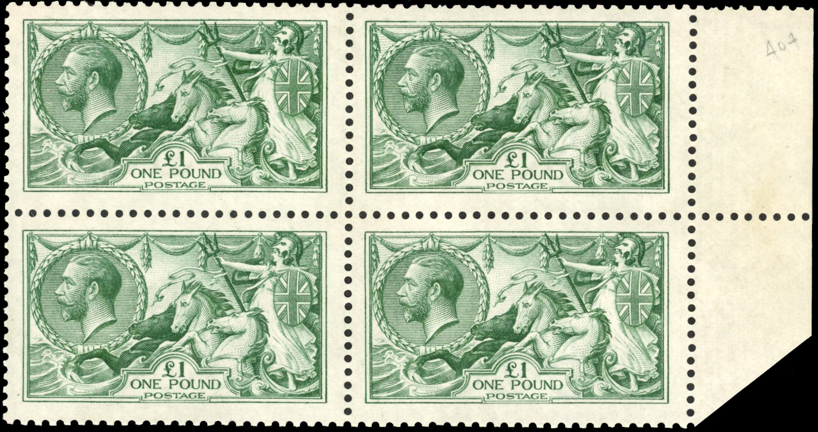 GB SG 403 1913 £1 Seahorse block mint